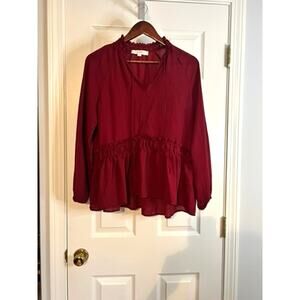 LOFT Womens Small Red Ruffle Tie Neck Peplum Blouse Long Sleeve Holiday Top